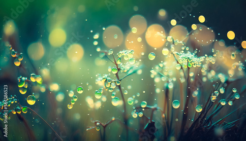 Abstract green background with bokeh lights in the background. Close up of water drops in nature. Generative AI