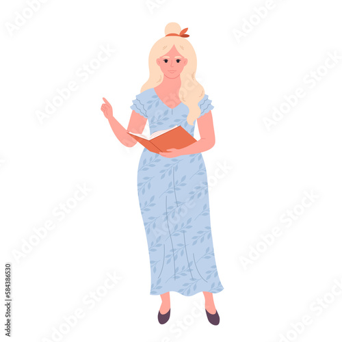 Woman with book. School teacher, librarian, business woman. Vector illustration in flat style