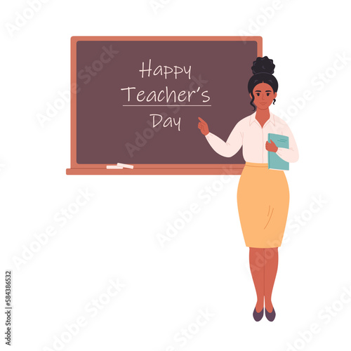 Female teacher near blackboard. Happy Teachers Day. Education, lecture and lesson at school. Vector illustration in flat style
