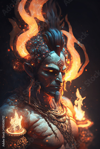 Portrait of Agni, the Indian God of Fire, Surrounded by the Flames of his Dominion