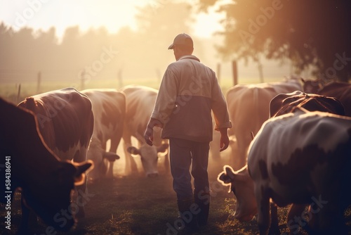 Fotografie, Tablou a man is standing in front of a herd of cows in a field with the sun shining on the grass and trees in the background