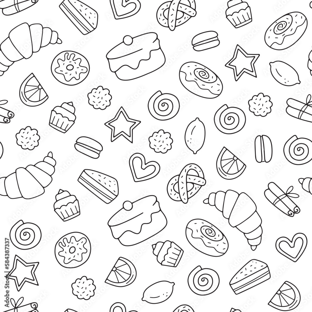 Hand-drawn croissants, donuts, pastries, and cakes.. Seamless pattern. Simple vector illustration