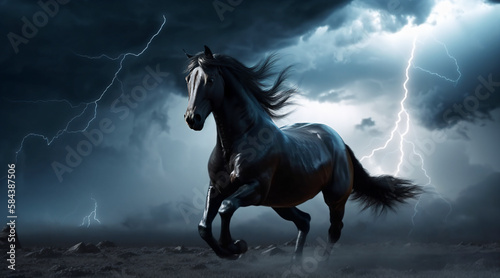 A black horse galloping through a desert during an intense storm. Generative AI. © Tori