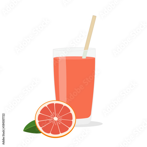 Glass of fresh grapefruit juice and cut fruits.