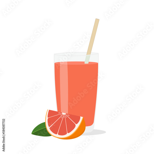 Glass of fresh grapefruit juice and cut fruits.