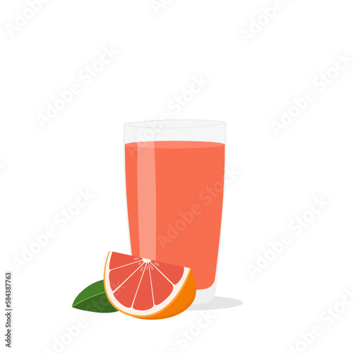 Glass of fresh grapefruit juice and cut fruits.