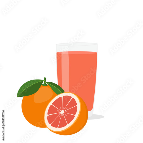 Glass of fresh grapefruit juice and cut fruits.