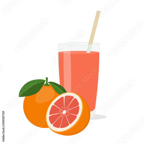 Glass of fresh grapefruit juice and cut fruits.
