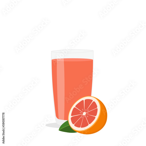 Glass of fresh grapefruit juice and cut fruits.