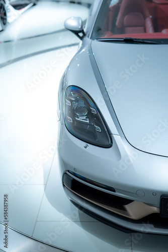 Front view of a luxury sports car headlight