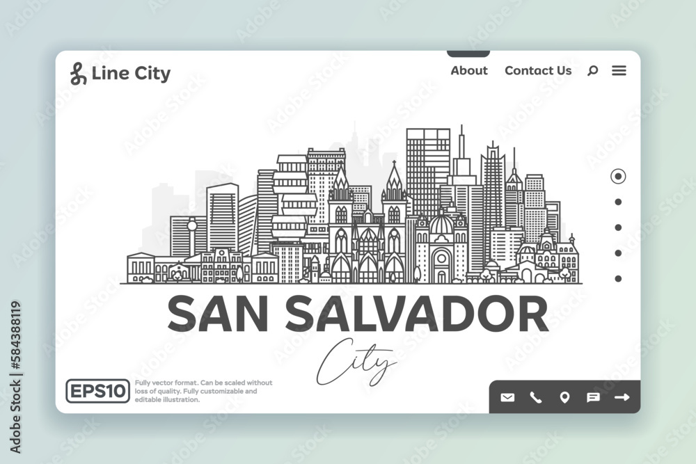 San Salvador, El Salvador architecture line skyline illustration. Linear vector cityscape with famous landmarks, city sights, design icons. Landscape with editable strokes. San Salvador, El Salvador architecture line skyline illustration. Linear vector cityscape with famous landmarks, city sights, design icons. Landscape with editable strokes.