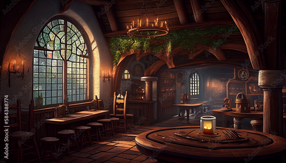 Fantastic fairy tale tavern in the old style. Wooden tables and chairs, a burning fireplace. Twilight, evening.