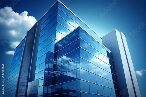 Glass office building against the blue sky.