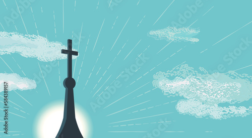 Christian Cross on top of church on blue sunrise sky background. Christian symbol vector illustration. Sacrament biblical church cross. Catholic bible Holy week design element. Religion sign template