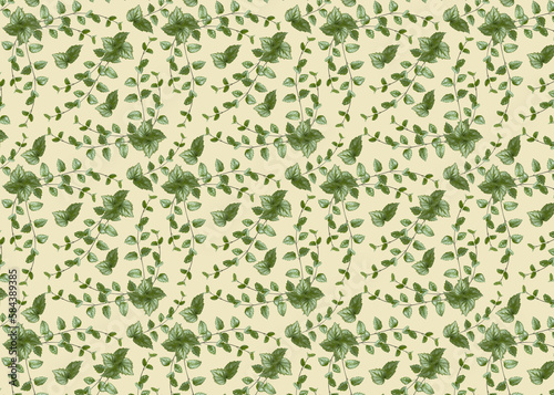 Seamless pattern with green branches on a light background. Design for textiles, wallpapers. Wedding design element.