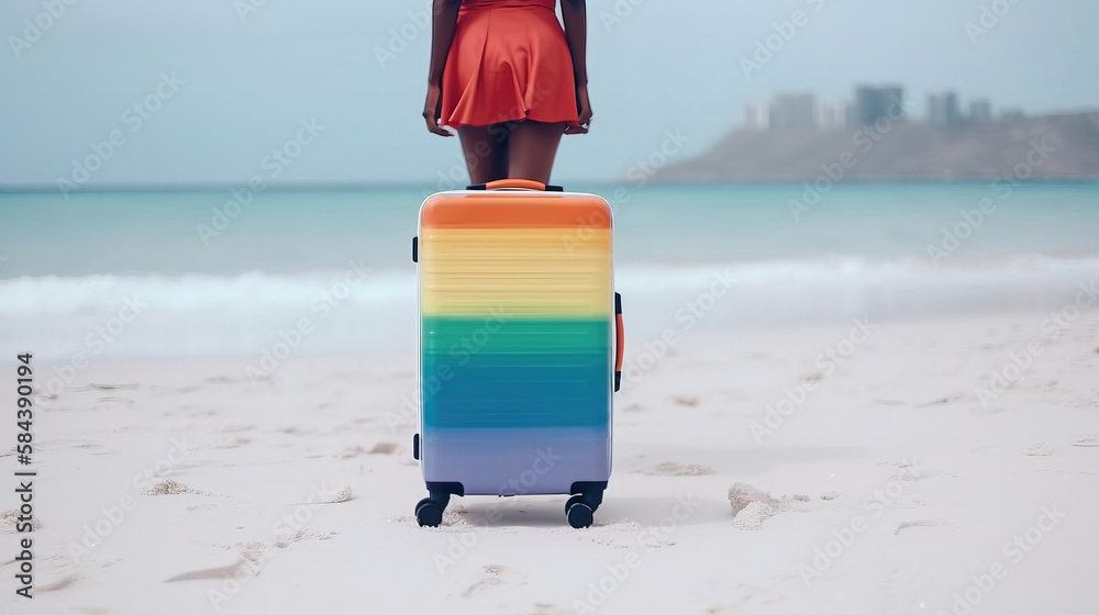 Naklejka premium woman with suitcase on the beach. generative AI