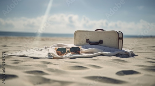  sunglasses on the beach with bag, generative AI