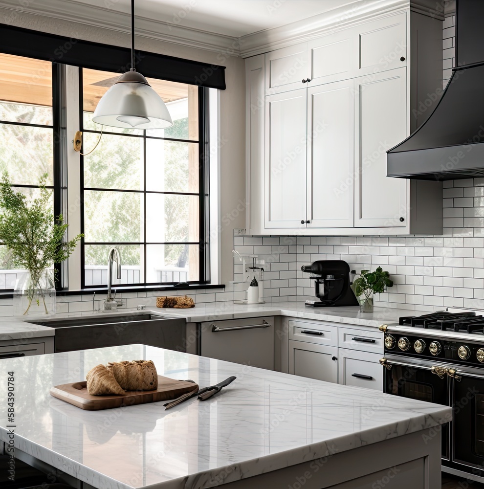Poster Print A modern kitchen with white cabinets a white marble countertop and a black met 40x40 cm
