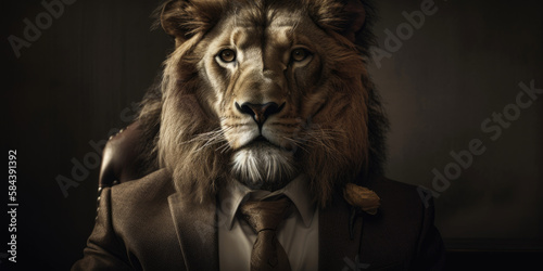 Portrait of a lion dressed in a formal business suit, generative ai © VertigoAI