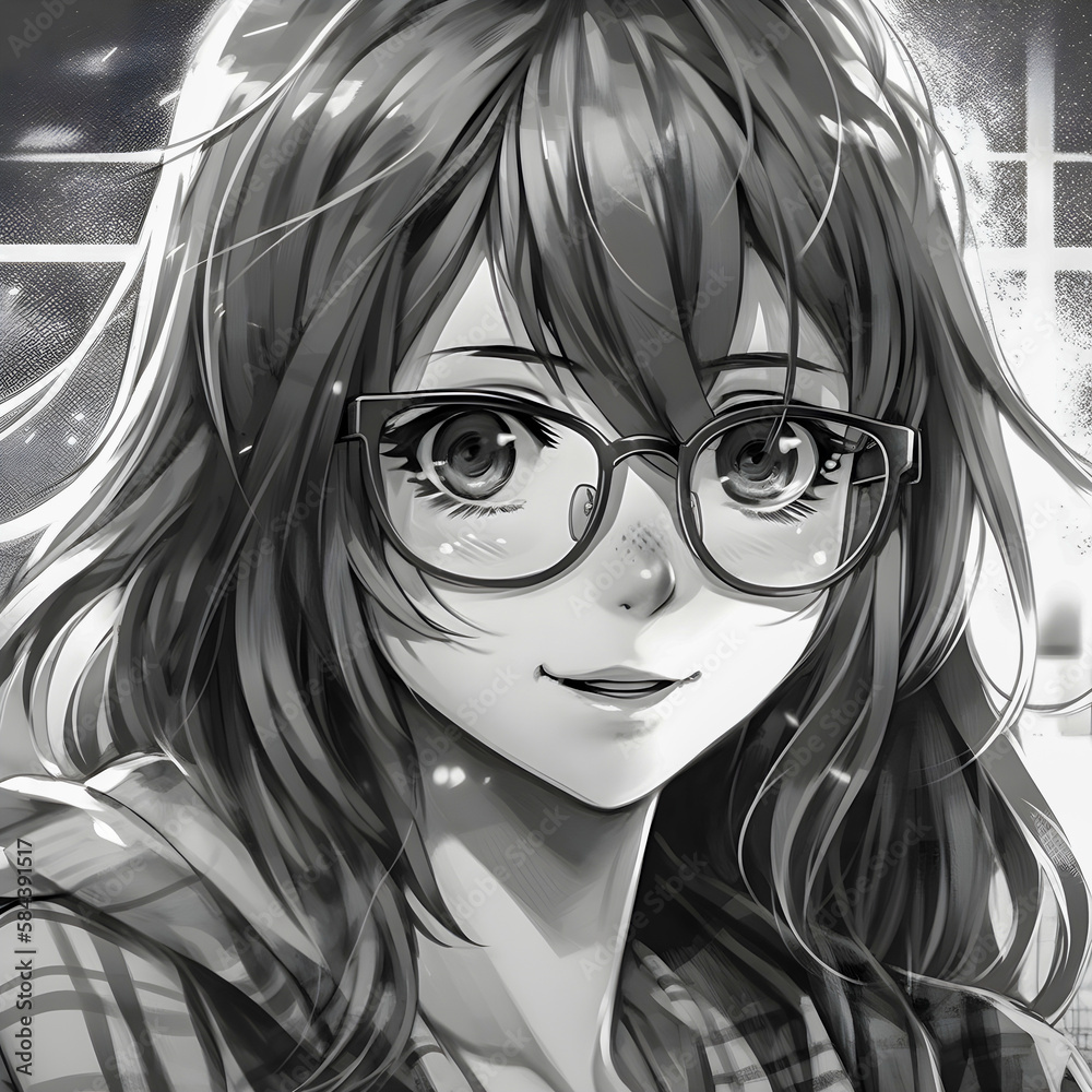 Cute anime girl portrait, black and white colors, sketch style ...
