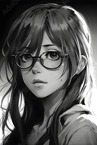 Cute anime girl portrait, black and white colors, sketch style, Generative AI