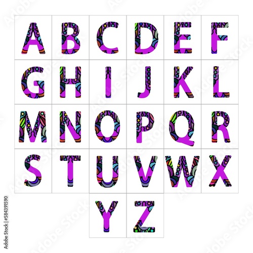 beautiful decorative alphabet. elegant children's alphabet. a set of bright English letters. pink and lilac colors. fancy font. colorful print.