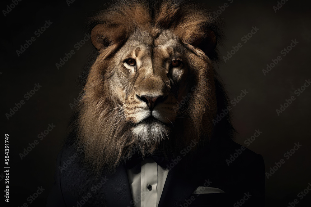 Portrait of a lion dressed in a formal business suit, generative ai
