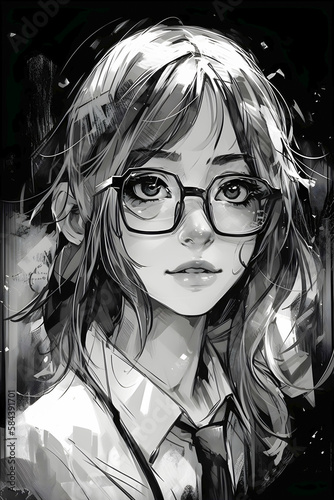 Cute anime girl portrait, black and white colors, sketch style, Generative AI
