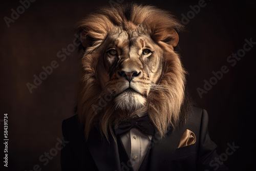 Portrait of a lion dressed in a formal business suit  generative ai
