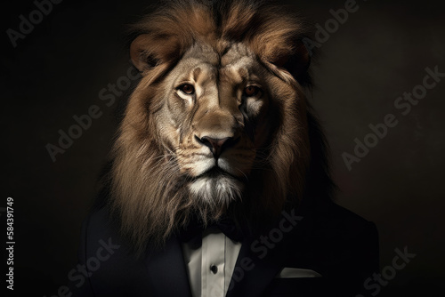 Portrait of a lion dressed in a formal business suit, generative ai