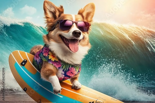 happy cute dog wearing Hawaii shirt on the surf board, generative ai © pham