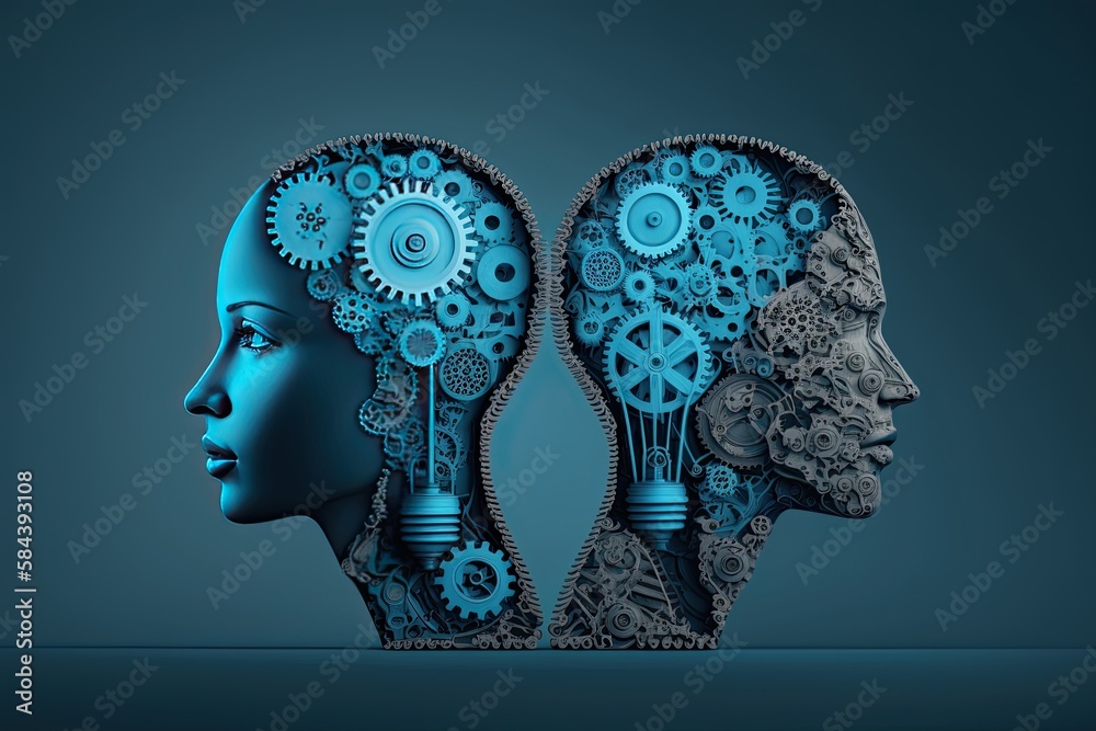 Two human heads made of gears with light bulb shape on colorful background. Generative AI Two human heads made of gears with light bulb shape on colorful background. Generative AI