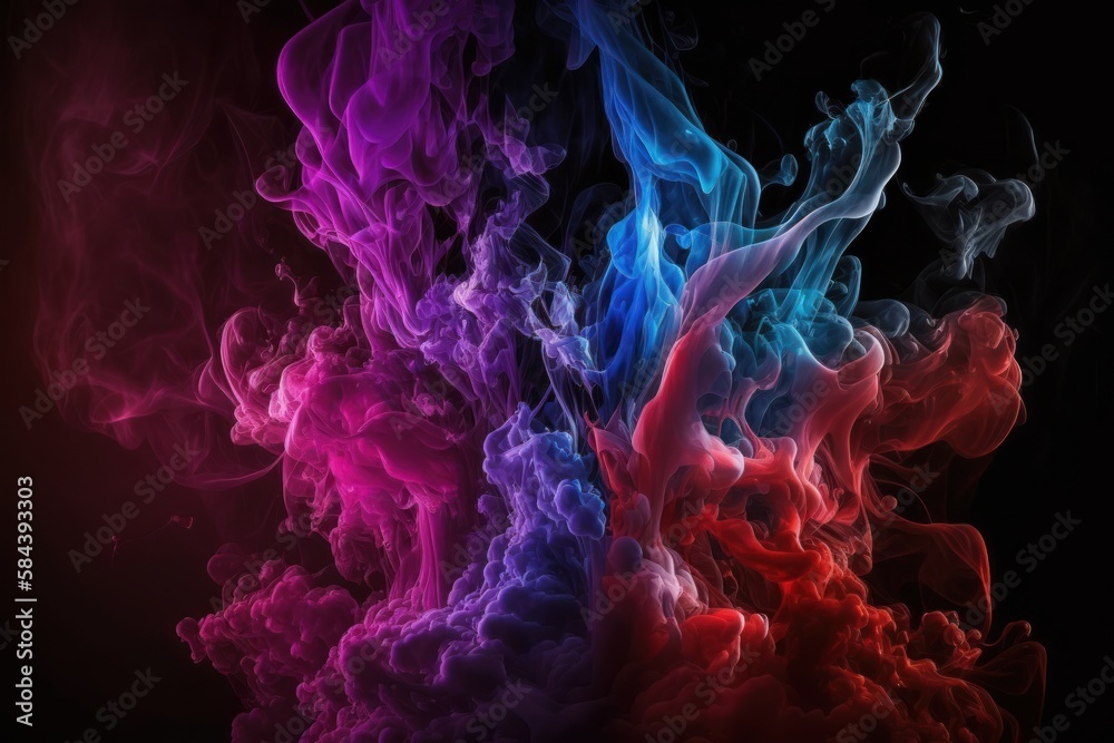 Generative AI illustration of Dramatic smoke and fog in contrasting vivid red, and purple, viva magenta colors. Vivid and intense abstract background or wallpaper