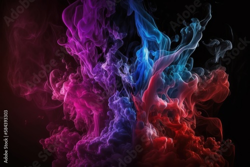 Generative AI illustration of Dramatic smoke and fog in contrasting vivid red, and purple, viva magenta colors. Vivid and intense abstract background or wallpaper