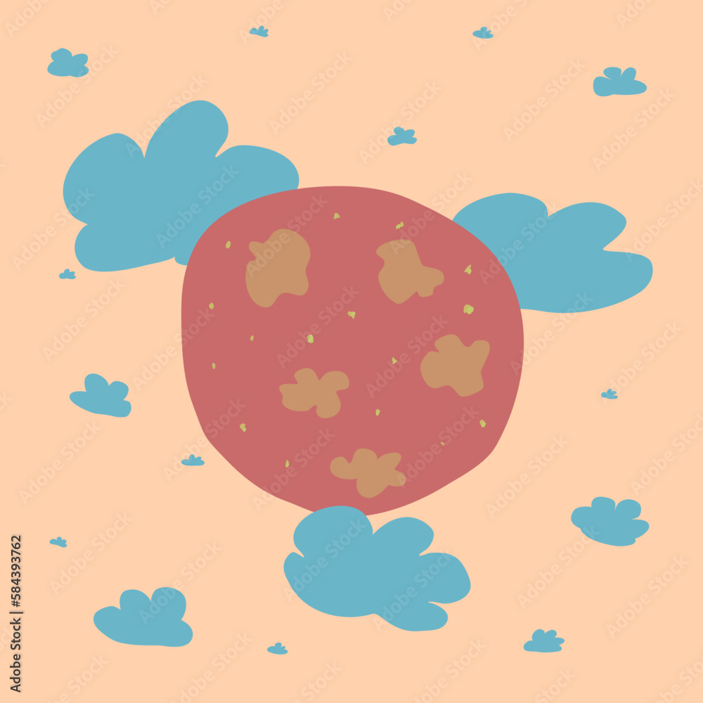 Doodle drawing of a planet surrounded by clouds in pastel colors. Doodle drawing of a planet surrounded by clouds in pastel colors.