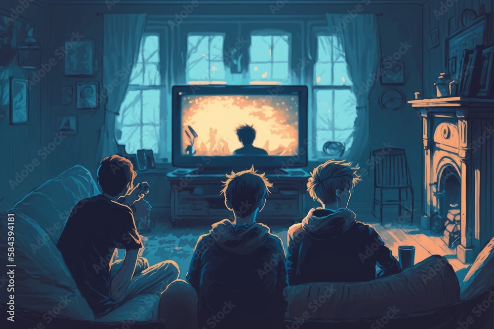 Group of young men watching TV, generative ai