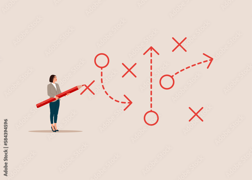 Woman with pencil to solves tasks. Prioritize work for project management. Modern vector illustration in flat style Woman with pencil to solves tasks. Prioritize work for project management. Modern vector illustration in flat style