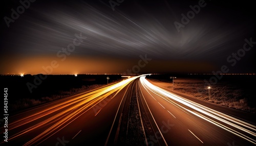 Highway at night with car lights motion blur