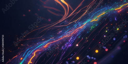 Abstract background with colorful light streaks and dust  futuristic vibrant lines graphic on dark background. Design element for banner  website header. Generative AI.