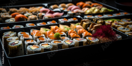 A tray of colorful and fresh sushi generated by AI photo