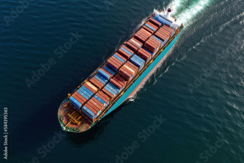 Container cargo freight ship in the ocean, aerial view. Generative AI © Rawf8