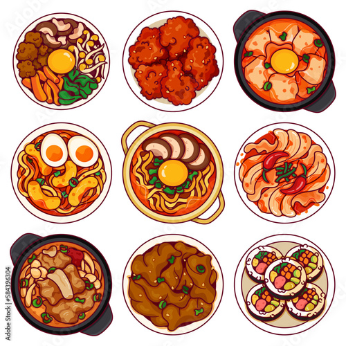 Top view korean food menu icon set. (Bibimbap, Fried Chicken, Kimchi Jjigae, Tteokbokki, Ramyeon, Kimchi, Galbitang, Bulgogi, Kimbap) Asian menu recipe illustration vector. Cute cartoon korean food.