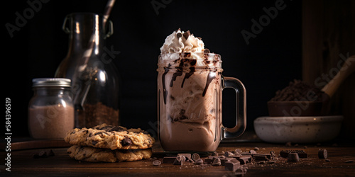 A chocolate milkshake with whipped cream and cookie chunks generated by AI