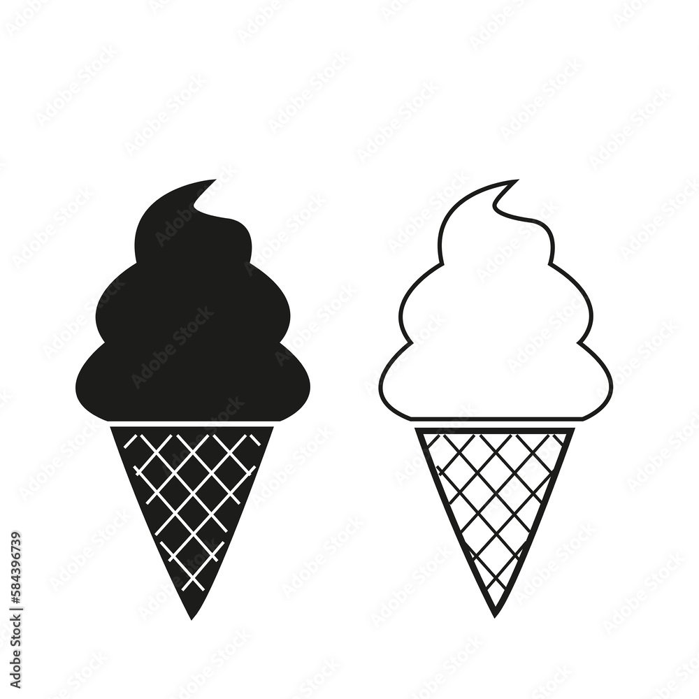 Icono de helado en blanco y negro sobre un fondo blanco liso y aislado. Vista de frente y de cerca. Copy space