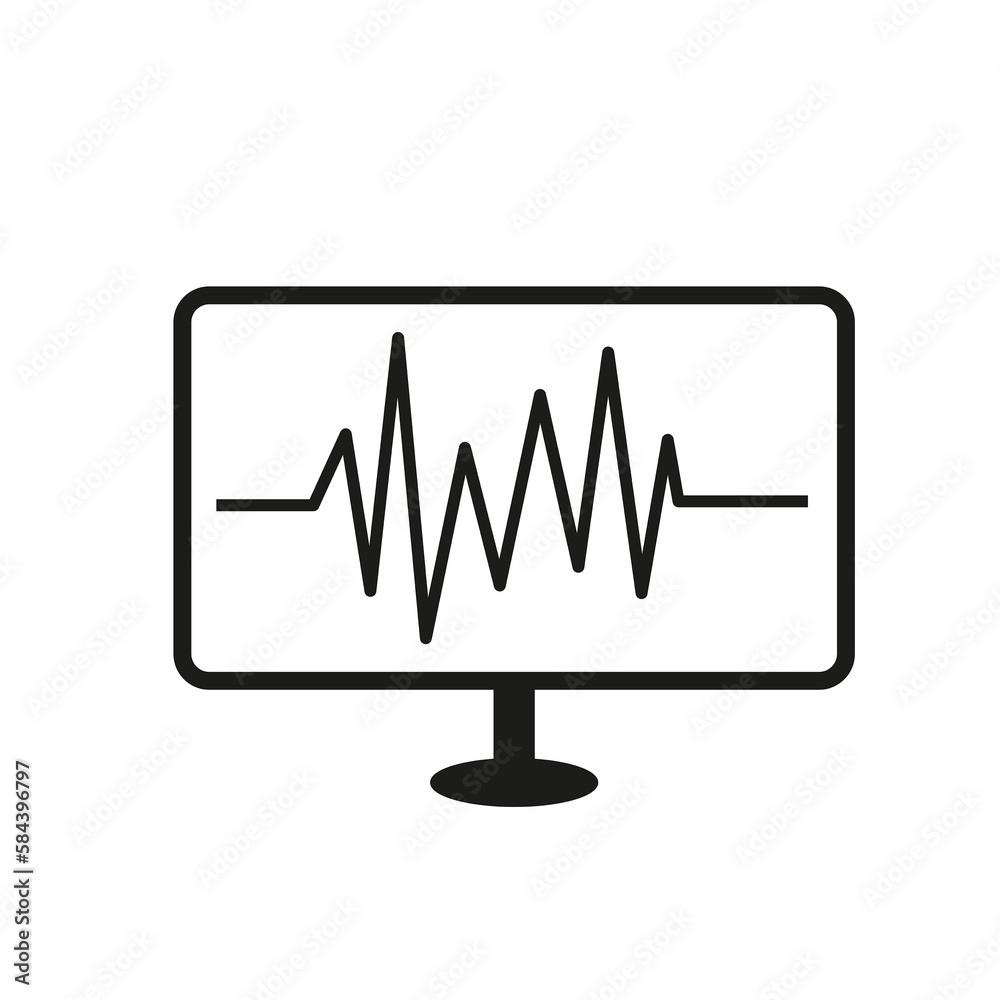 Icono de un monitor con señal de los latidos del ritmo cardíaco sobre un fondo blanco liso y aislado. Vista de frente y de cerca. Copy space