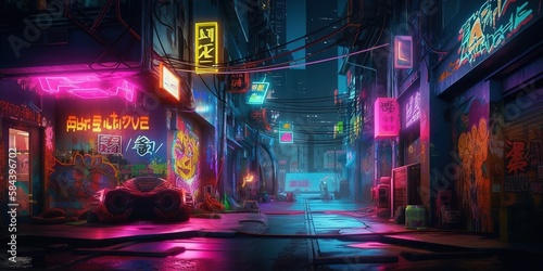 Generative AI, Night scene of after rain city in cyberpunk style, futuristic nostalgic 80s, 90s. Neon lights vibrant colors, photorealistic horizontal illustration.