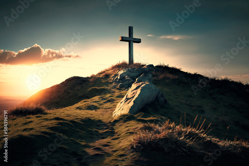 The Cross with a background of clouds and a brilliant sun. Generative AI