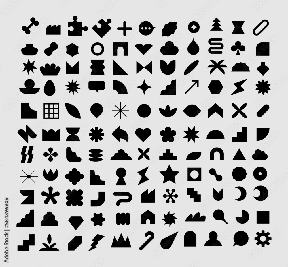 Abstract and basic shapes collection. Minimalist symbols. Black Iconography. Flat vector icon. Icons set. Primitive forms. Modernist abstract geometric shapes. Geometric elements. Brutalist design.