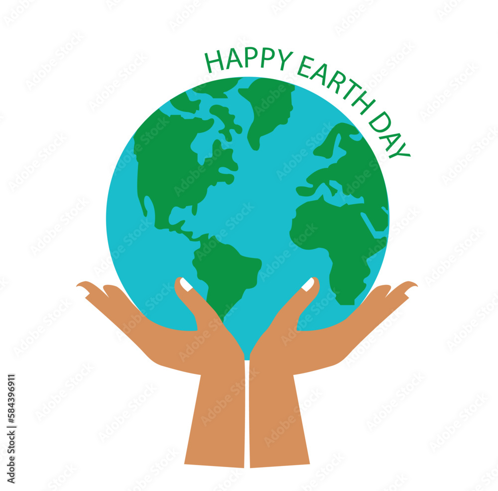 Cartel de Feliz día de la Tierra.  Manos sosteniendo el mundo. Icono vector. Concepto: Planeta medio ambiente. Conciencia ecológica. Salva Nuestro Planeta.