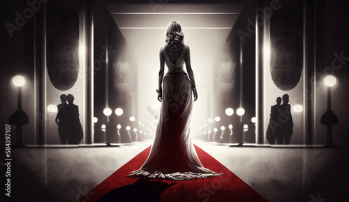 Elegant female standing on red carpet. Generative AI.